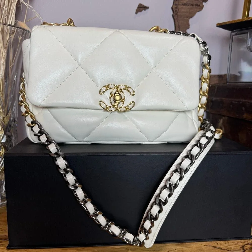 Chanel 19 Ivory Lambskin Mixed Metal‎ Medium Bag Microchipped Authentic CoA